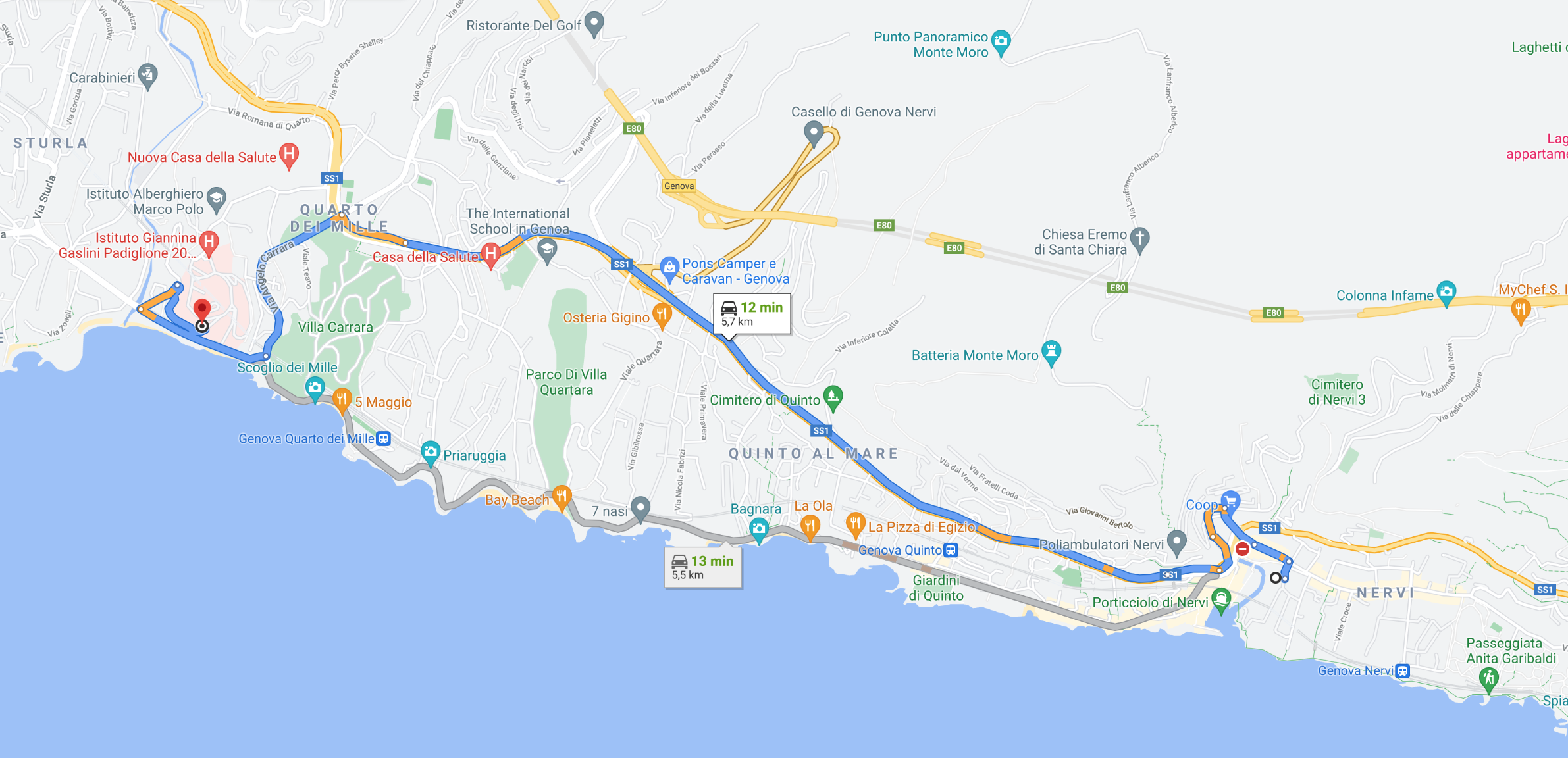 Mappa del percorso per arrivare all'Ospedale Geslini di Genova